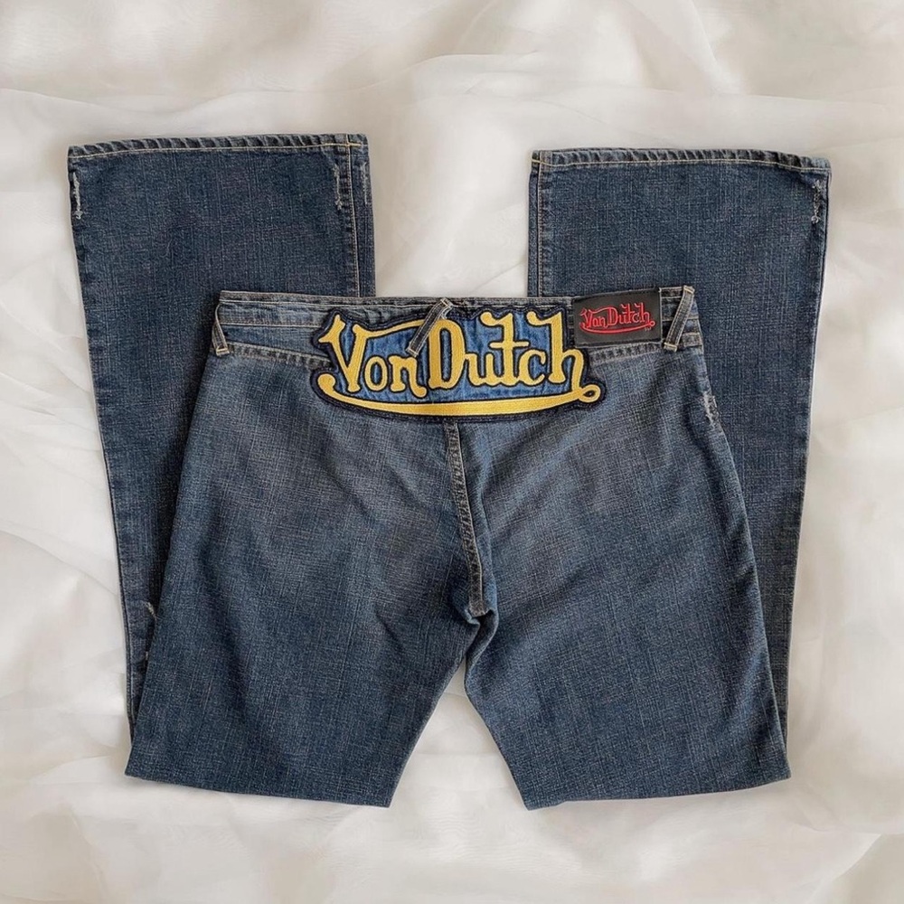 Iconic Von Dutch Y2K tramp stamp flare low rise jeans